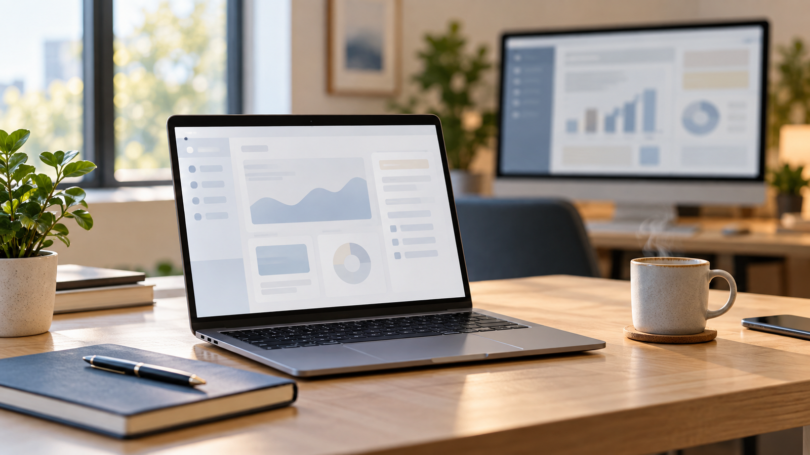 Modern light-wood desk viewed at an angle, with an open laptop showing a blurred abstract software interface in blue and grey tones, a second blurred monitor in the background, a steaming coffee cup, a closed notebook, a pen, and a small green plant, lit by soft natural light.